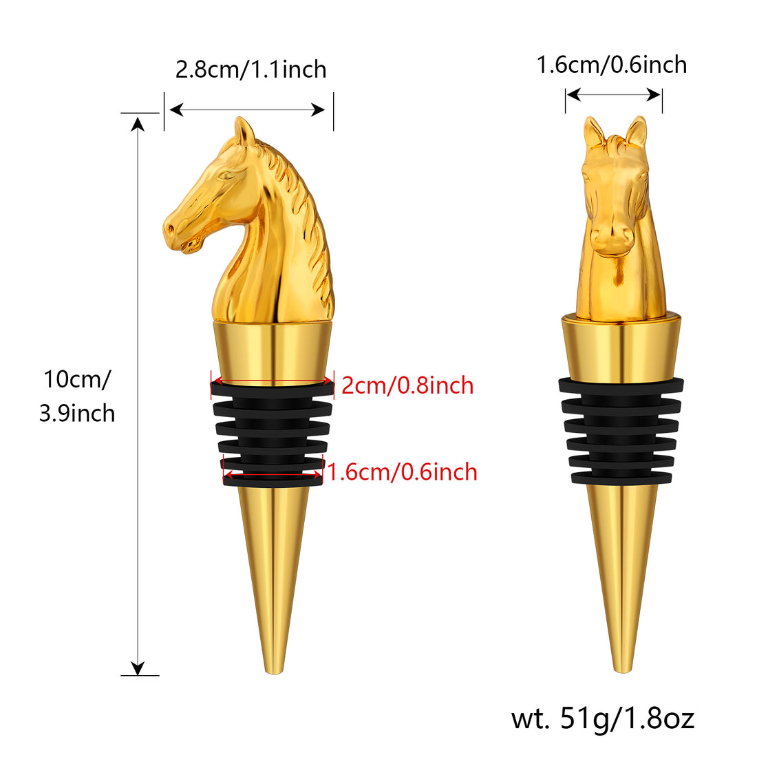 Gold horse head wine stopper dimensions 10 cm tall, 2.8 cm wide, 51 g