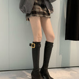 Women's Chunky Heel Knight Boots with Gold Buckle
