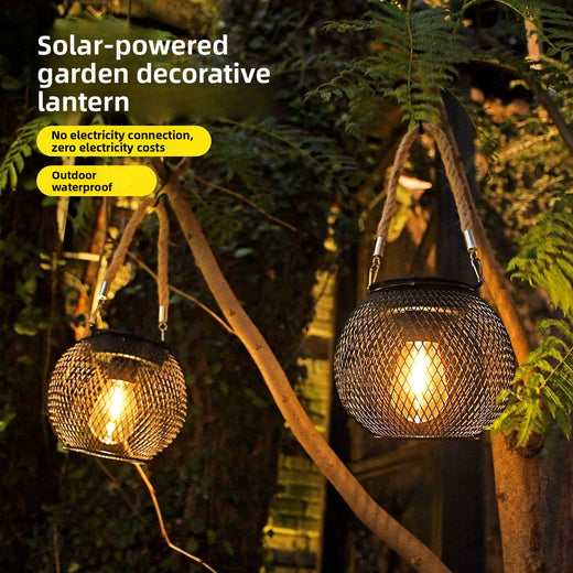 Solar Iron Grid Lantern Retro Outdoor Hanging Light