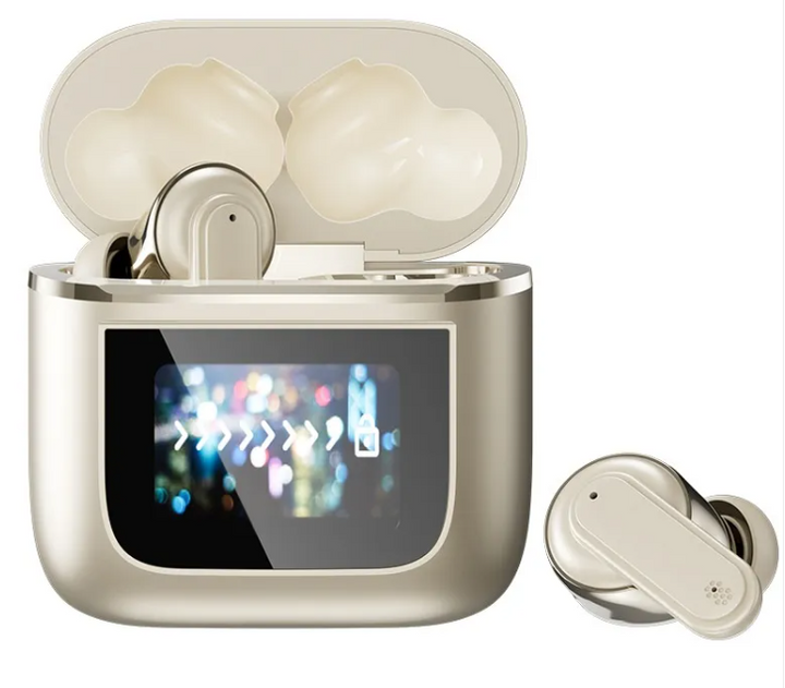 Smart earbuds with touch screen case, full view