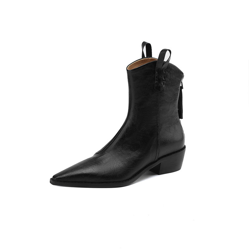 Pointed Toe Thick Heel Genuine Leather Ankle Boots