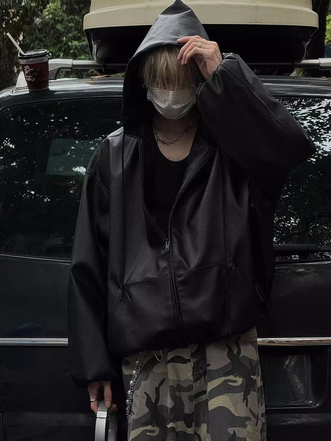 Leather Coat Vintage Hooded Jacket Baseball Suit