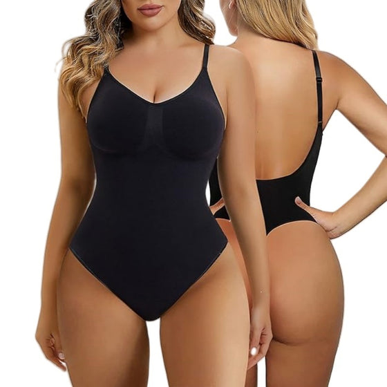 Black seamless bodysuit front and back on a model