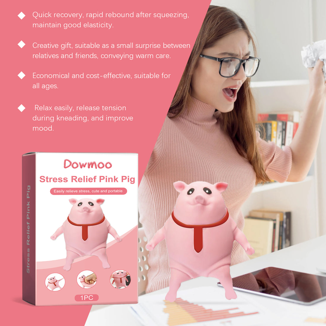 Woman at a desk with the pink pig stress toy and box