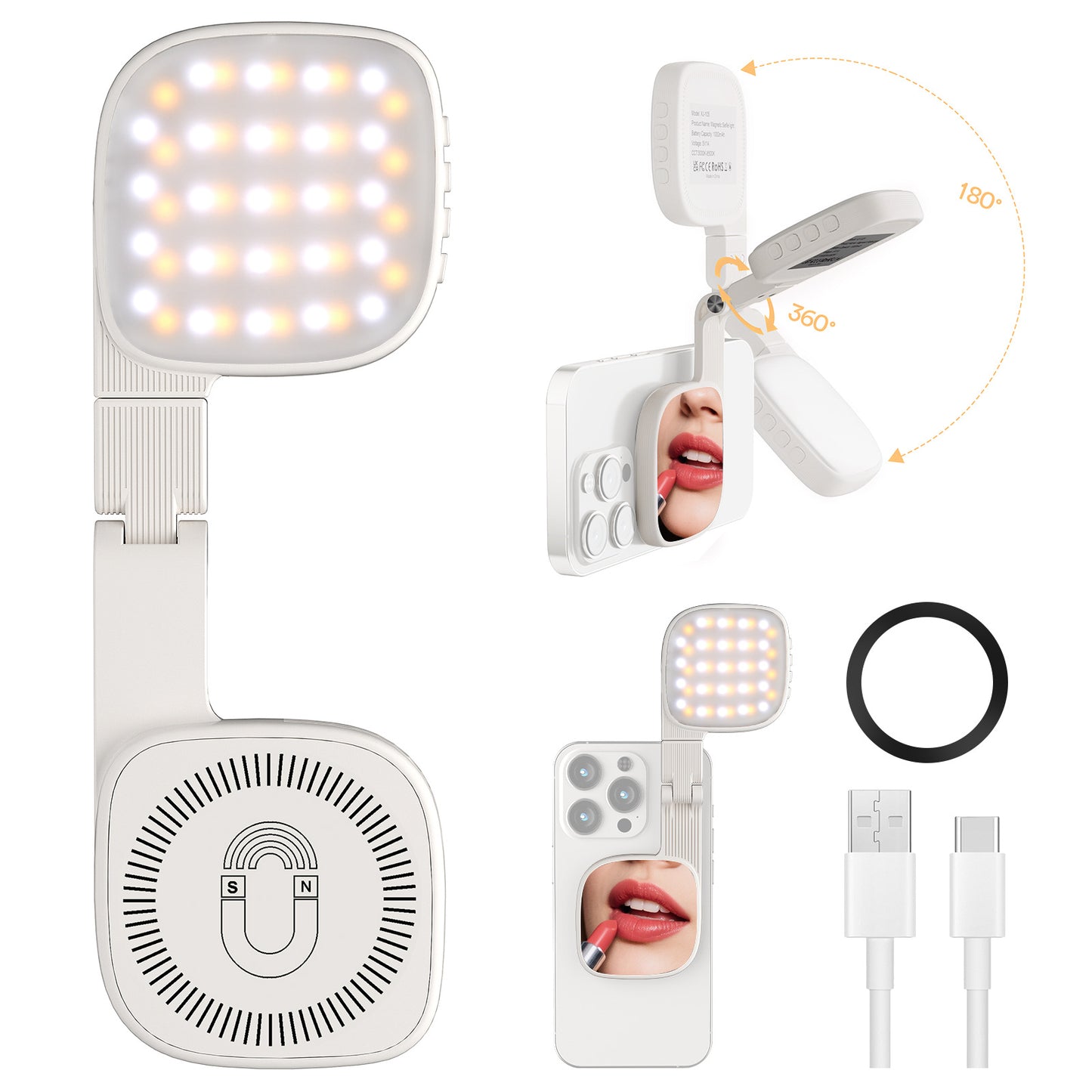 Phone selfie light, USB-rechargeable charging port