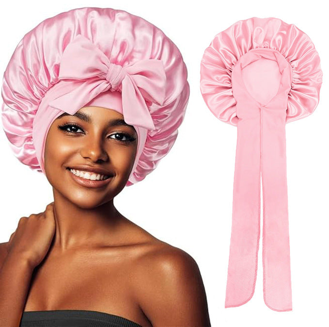 Elastic Satin Round Wide-Brimmed Headscarf Hat Solid Color Artificial Silk Nightcap