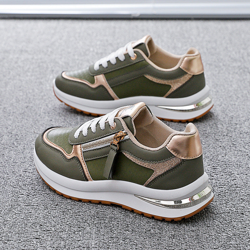 Women Colorblocked Round Toe PU Leather Flat Platform Casual Sneakers