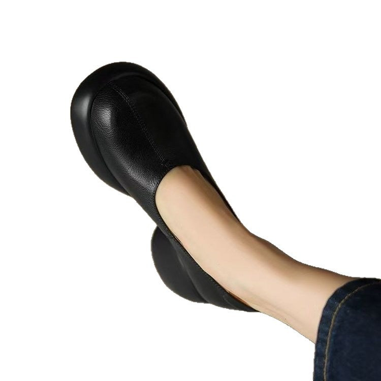 Womens Soft Sole Leather Loafers Thick Platform Chunky Heel Shoes