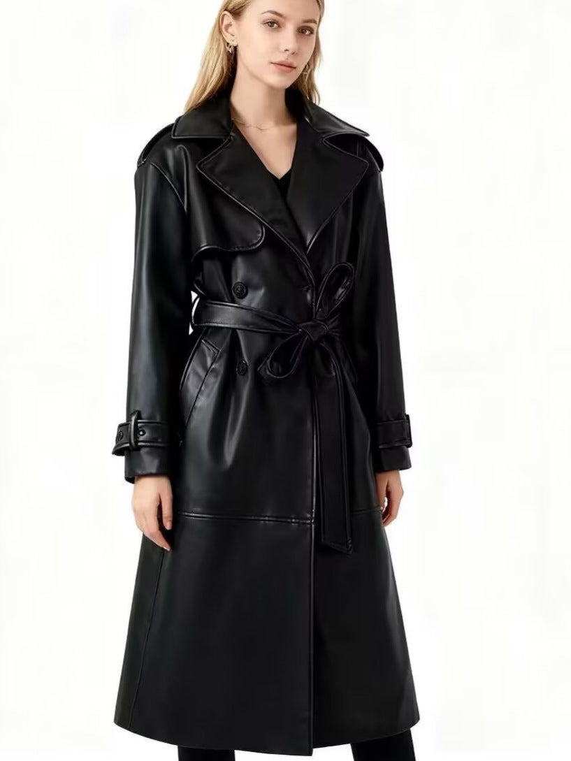 Women's long PU leather trench coat with belt and lapel collar, photo 3