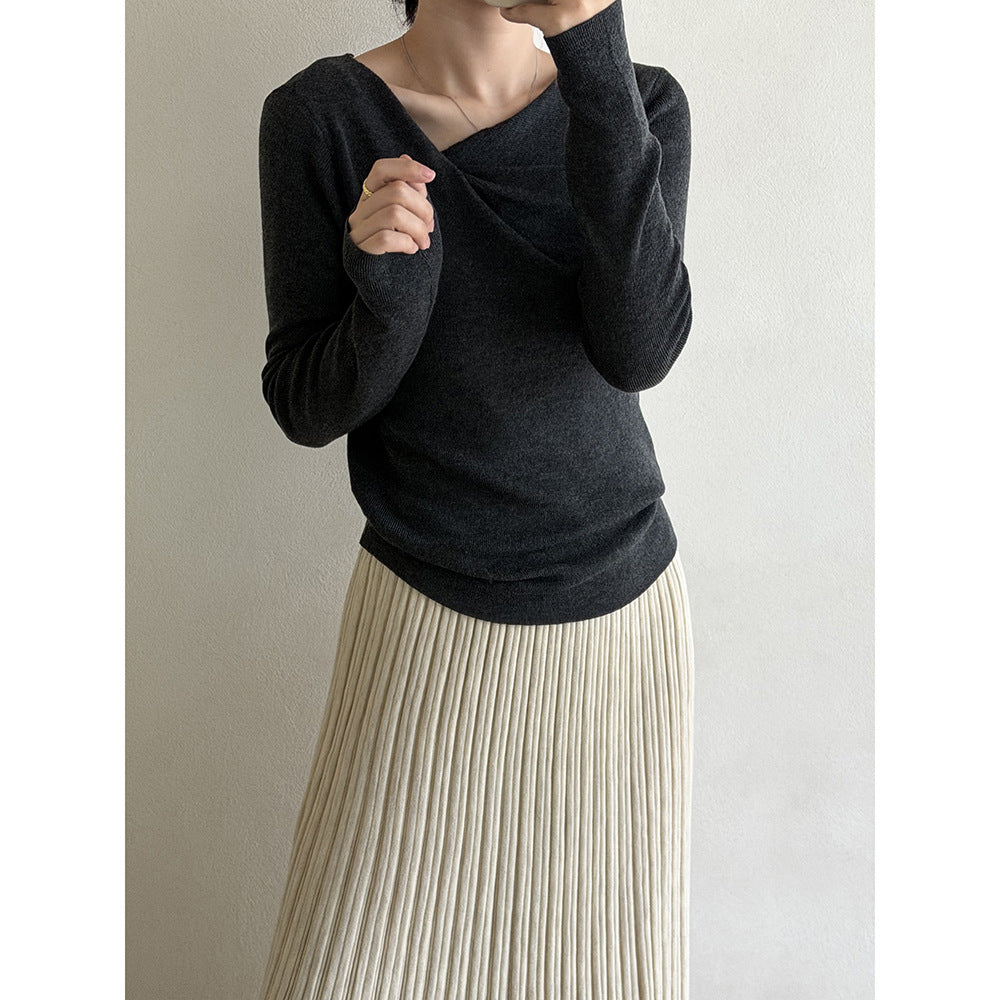 Women's Autumn Slanted Collar Slim Fit Long Sleeve Knit Top