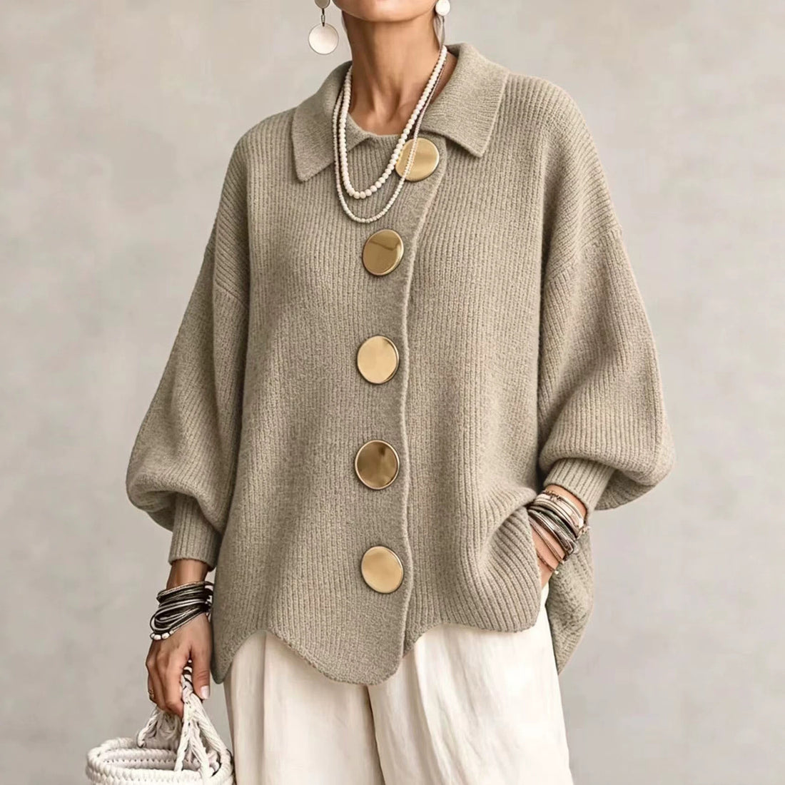 Women's V-Neck Button Long Sleeve Knit Sweater