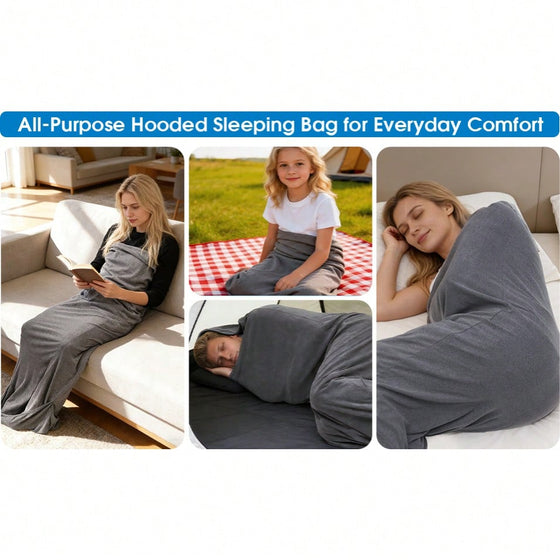 Collage of people using the gray hooded sleeping bag for lounging and camping