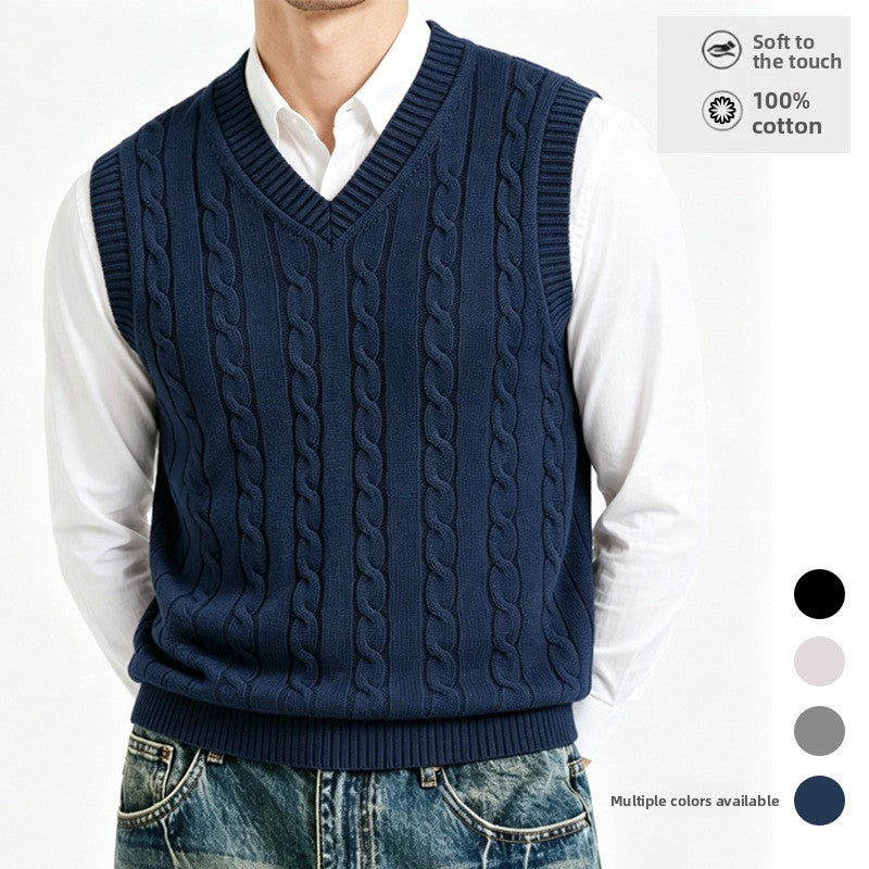 Men's 100% cotton sleeveless V-neck pullover with fleece lining