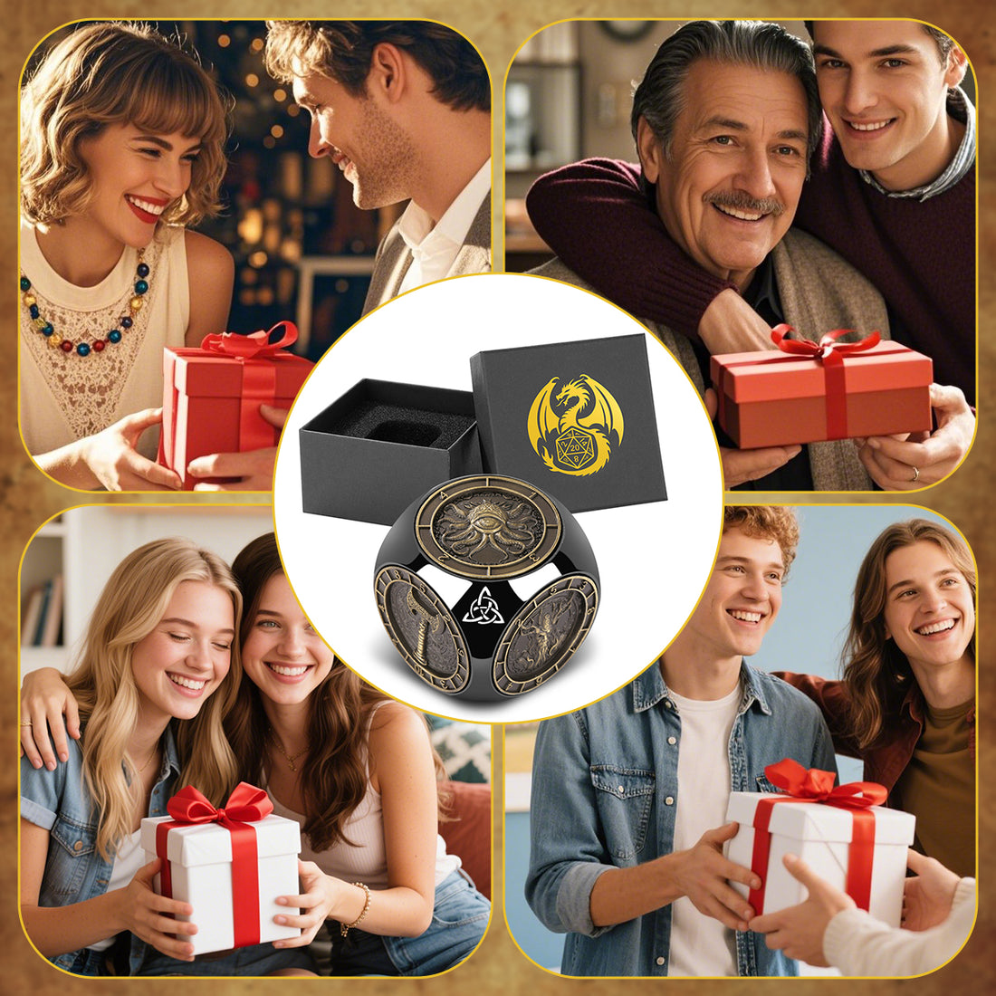 Couple exchanging the DnD dice wheel gift box at a Christmas party