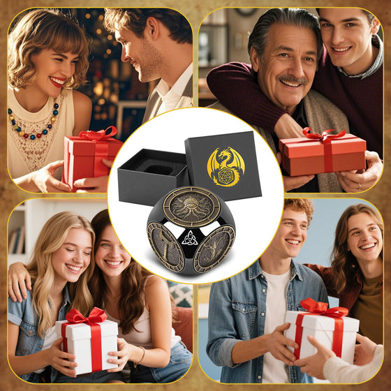 Couple exchanging the DnD dice wheel gift box at a Christmas party