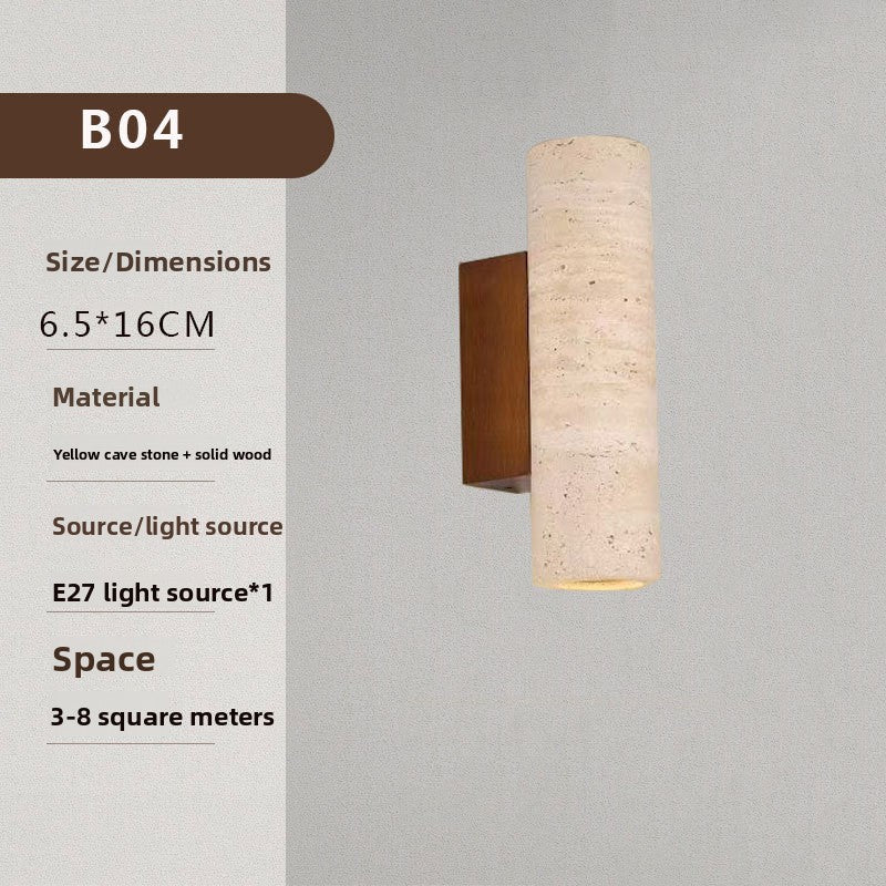 Wabi-Sabi Style Cave Stone Wall Lamp Wooden Body LED Warm Light Fixture for Hotel Bedroom Restaurant