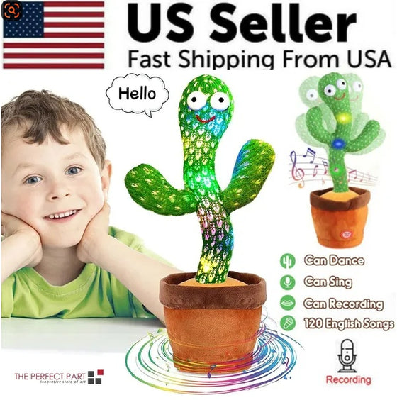 Dancing cactus plush toy glowing with LED lights beside a smiling boy, US seller banner