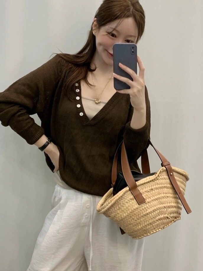 Women Autumn V-Neck Button Long-Sleeve Knit Top