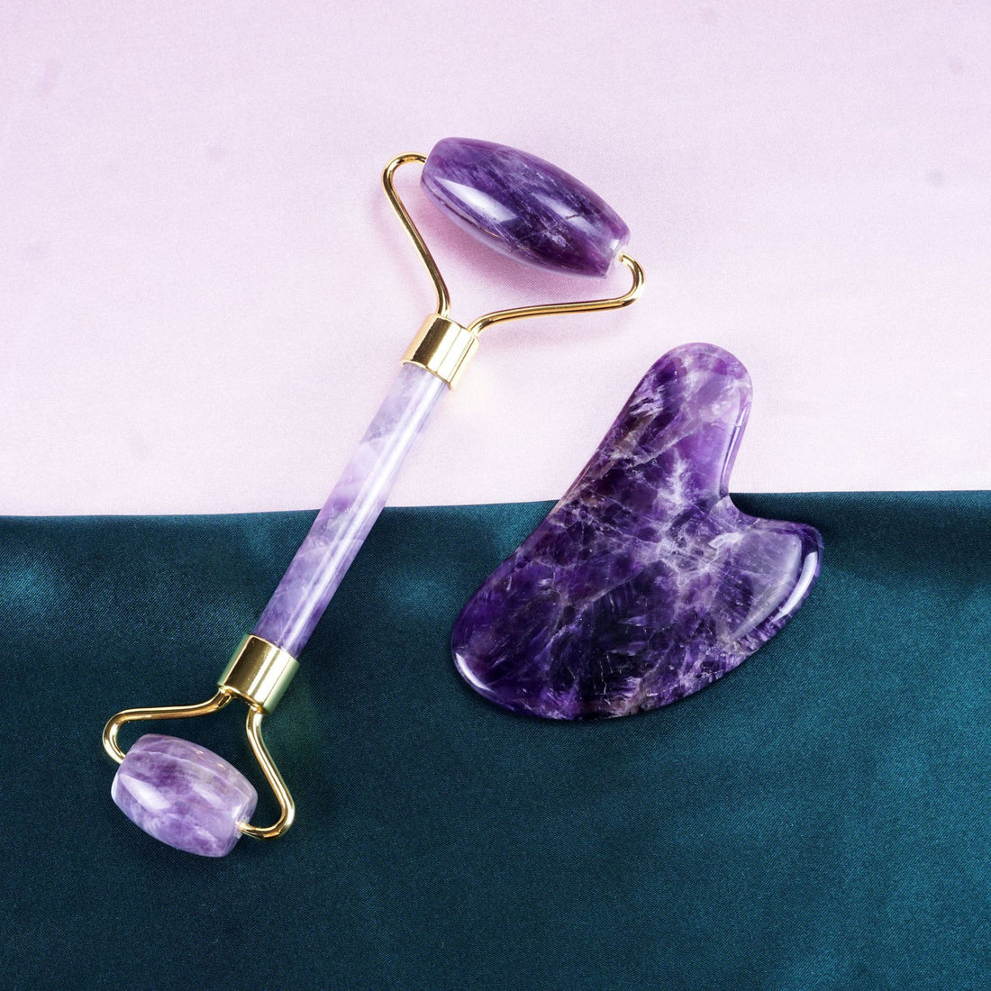 Natural Amethyst Crystal Facial Massage Roller and Gua Sha Beauty Set