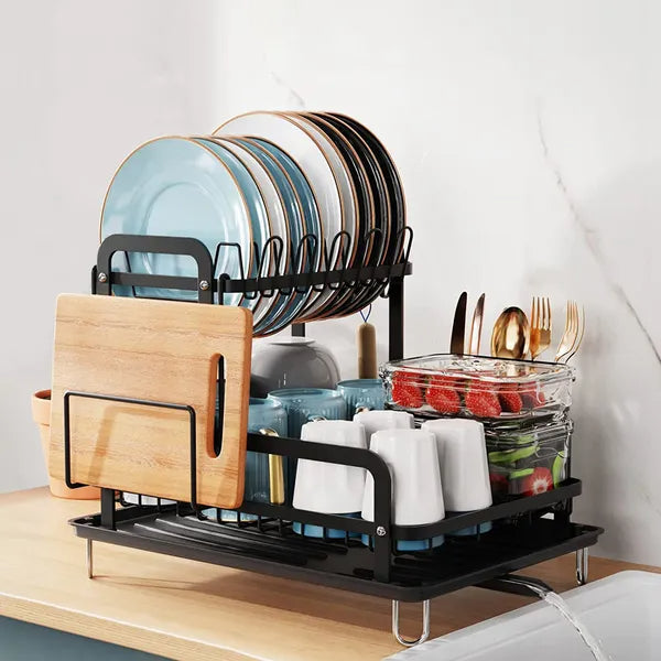 Dish drying rack loaded with a full dinner set