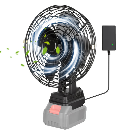 Cordless 21V jobsite fan with battery attached