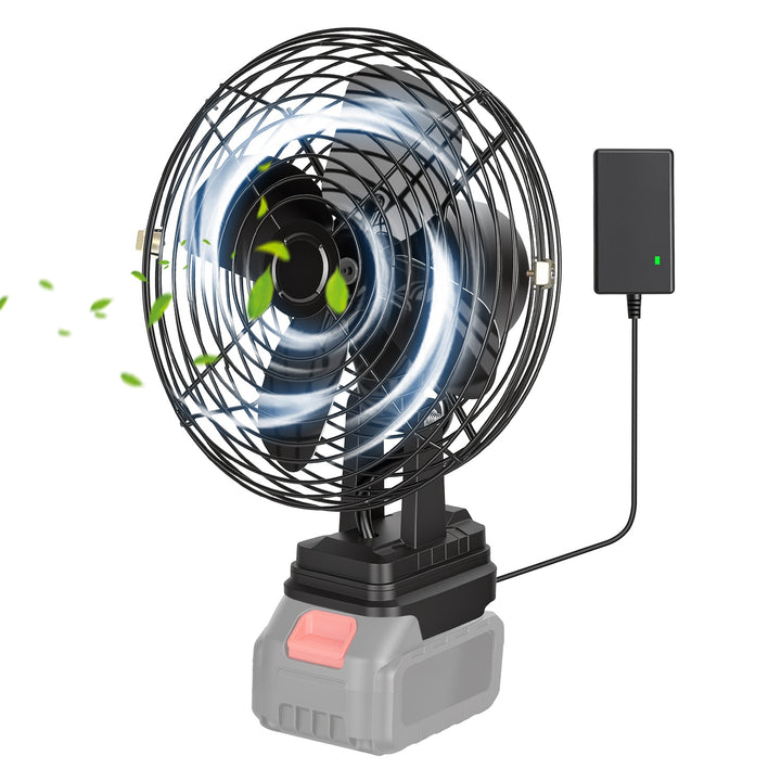 Cordless 21V jobsite fan with battery attached