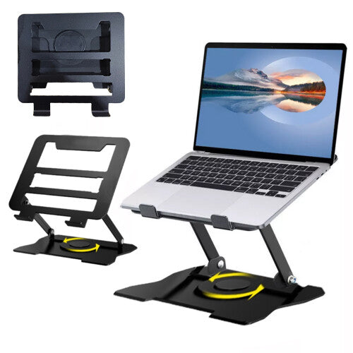 Close up of 360 metal laptop riser hinge and folding base