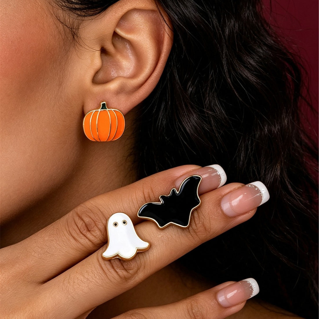 Halloween cute fun pumpkin ghost bat oil earrings three-piece set