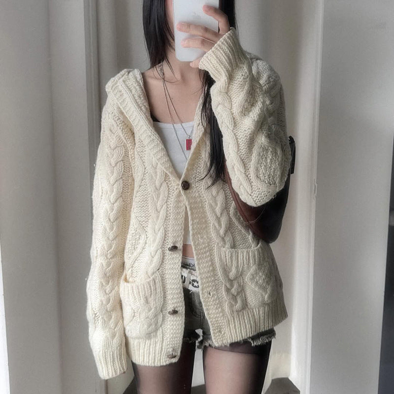 Women's white loose twist-knit hooded cardigan with pockets, photo 1