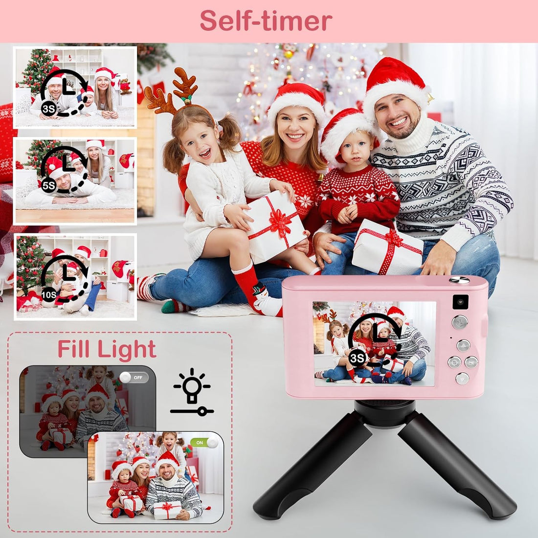 Family Christmas photo with the pink kids camera on its tripod using the self-timer