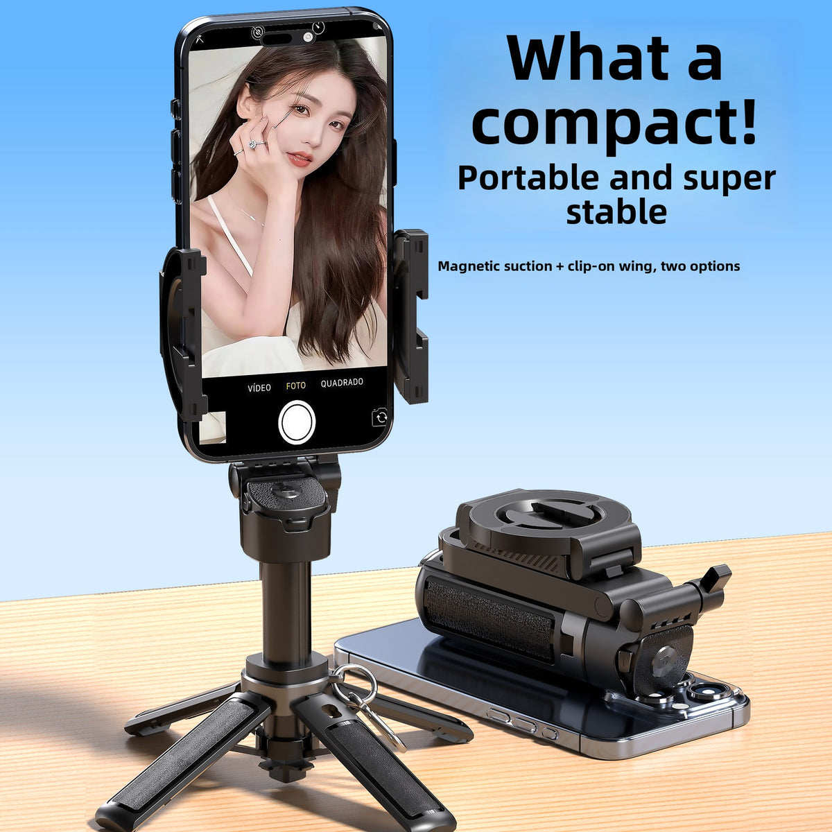 Magnetic selfie stick with stabilizer and extendable tripod
