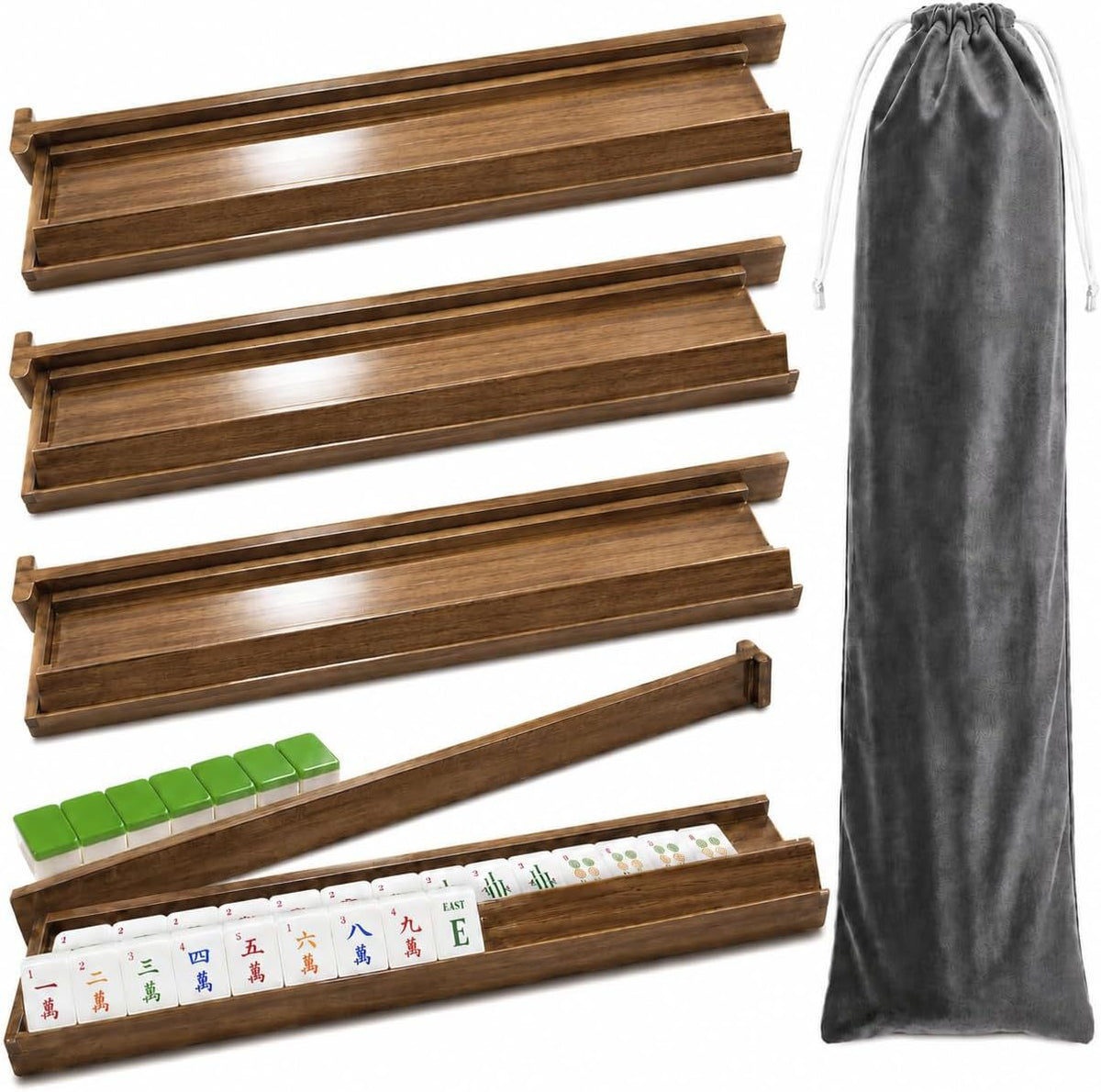 Solid Wood Mahjong Rack with Push Rod and Game Tray