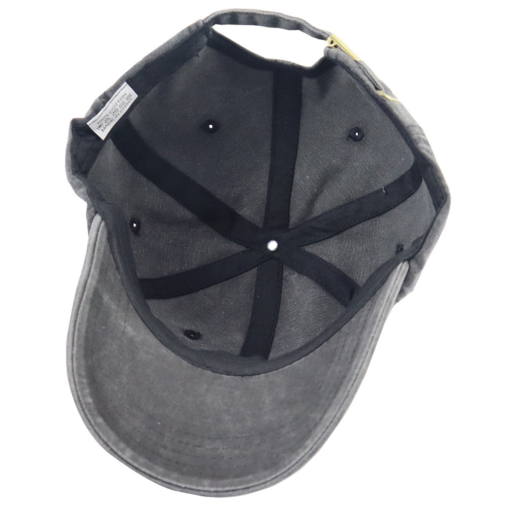 Black washed dad hat underside showing the brim and inner band