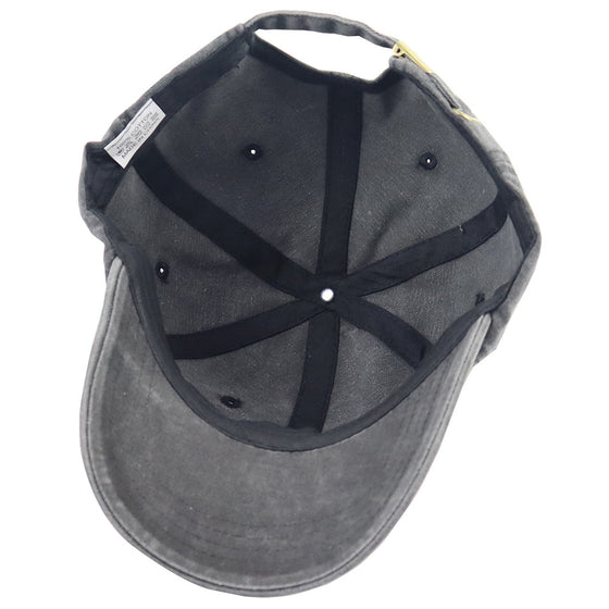Black washed dad hat underside showing the brim and inner band