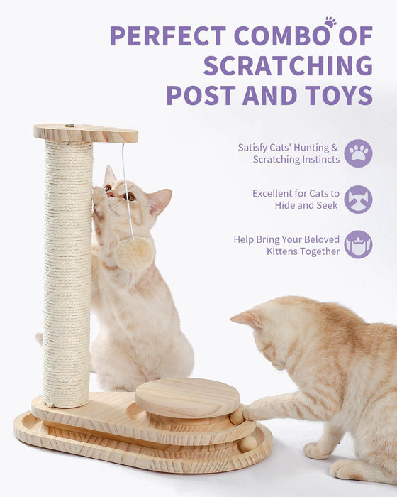 Two cats playing with the sisal scratching post and ball track
