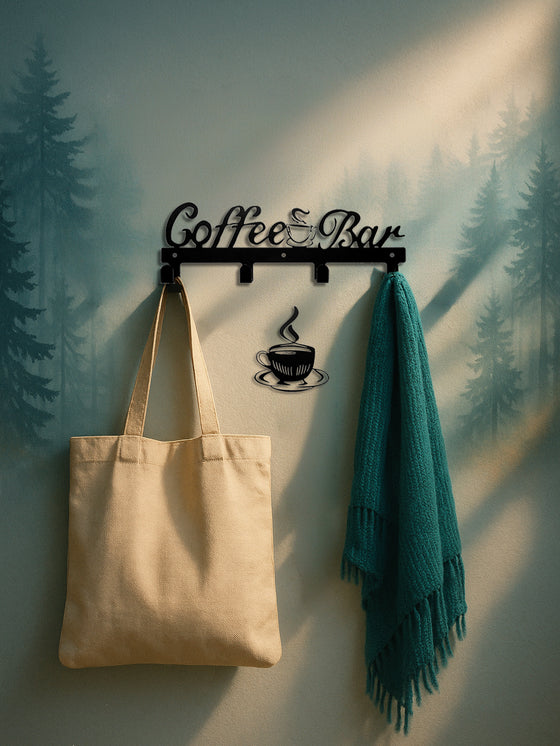 Coffee Bar hook sign holding a tote and green towel