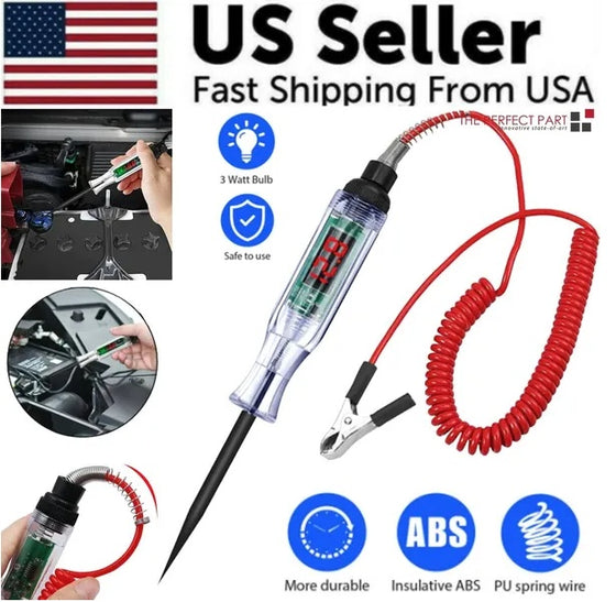 Digital circuit tester with red coiled cord and features