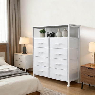 8 Drawer Fabric Dresser With Open Shelf Storage