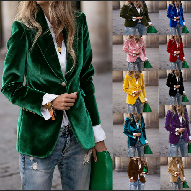 Women's Velvet Slim-Fit Double-Breasted Blazer Long Sleeve Elegant Jacket