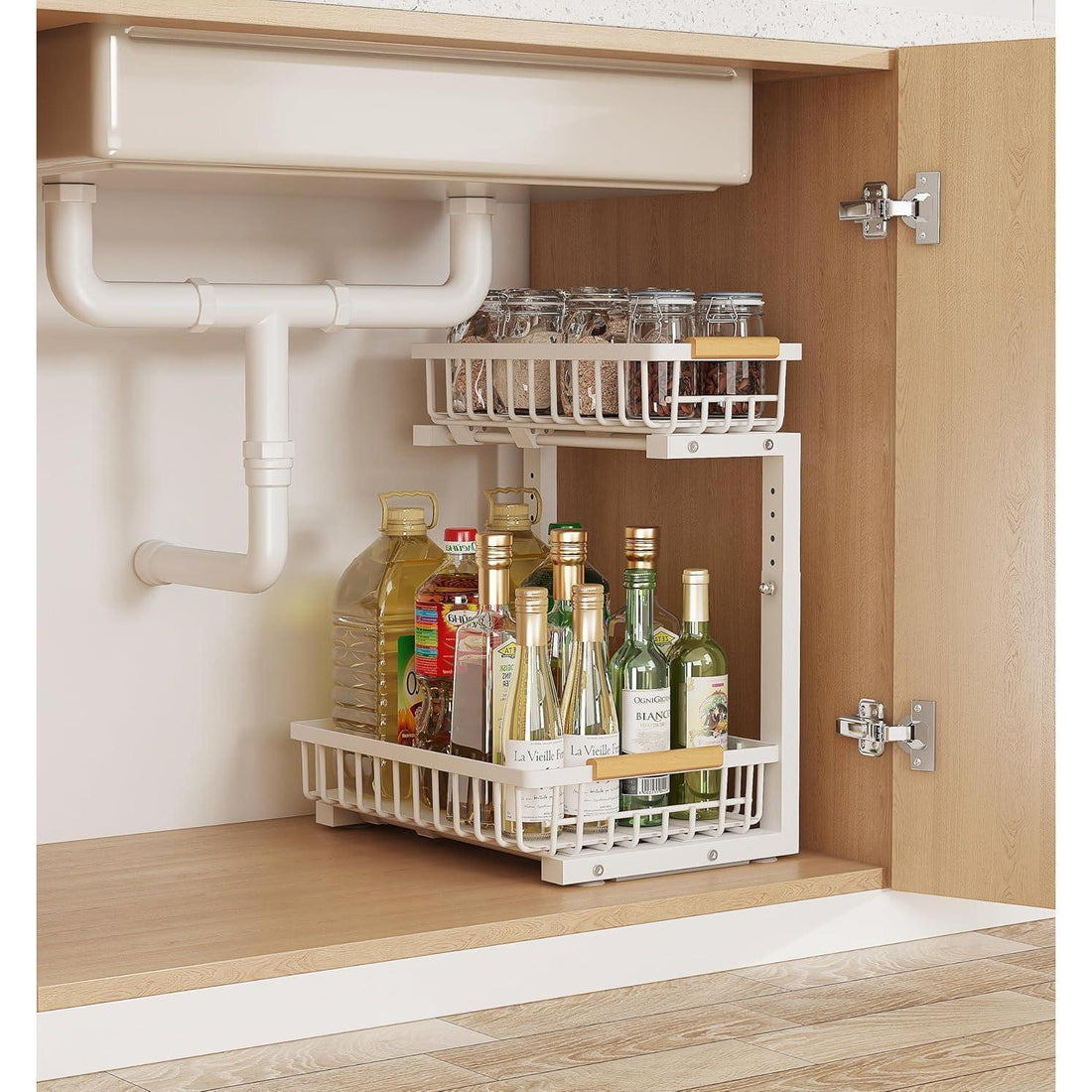 Close-up of adjustable shelf bracket on under sink rack