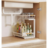 Close-up of adjustable shelf bracket on under sink rack