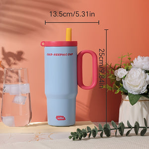 Blue tumbler with pink handle and size measurements
