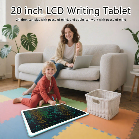 Child drawing on the 20 inch LCD writing tablet on the floor while mother works