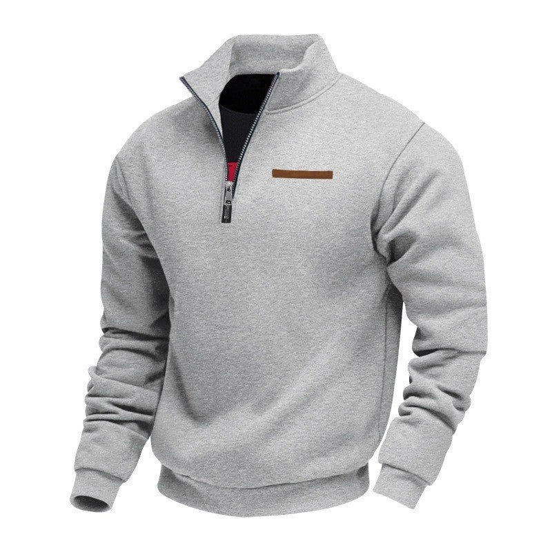 Men's Velvet Lined Half-Zip Stand Collar Pullover Solid Color Casual Loose Sweatshirt