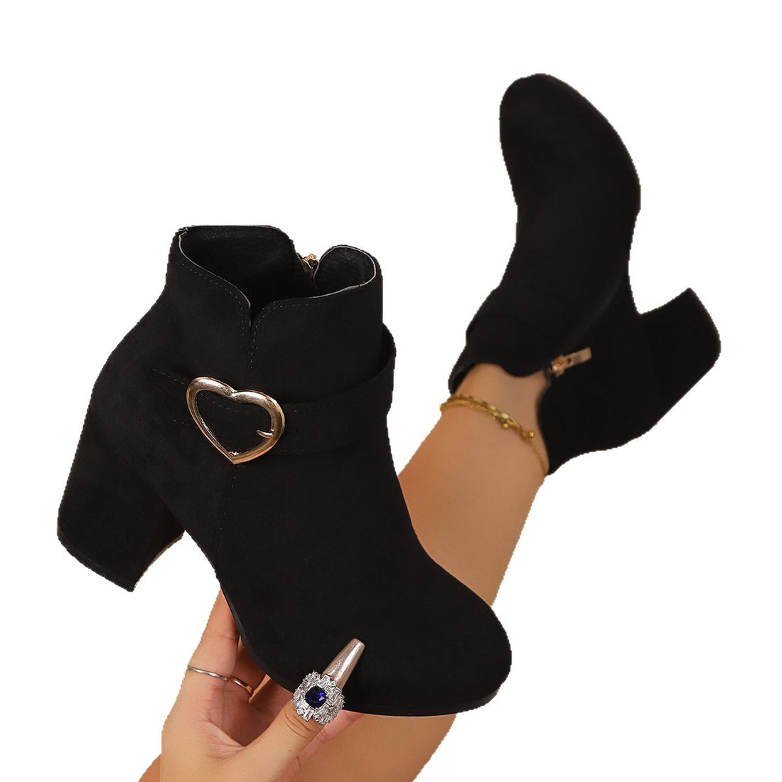 Women's Suede Thick Heel Boots with Metal Buckle and Side Zipper