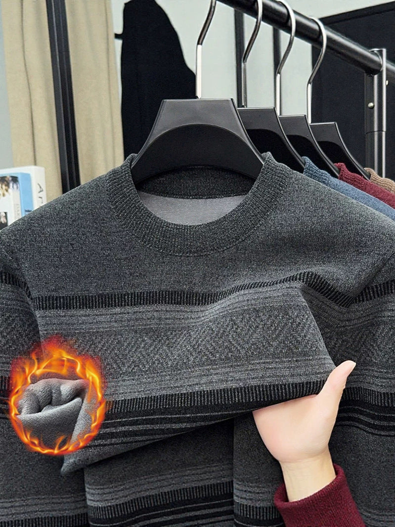 Men's Fleece Lined Striped Knit Sweater Crew Neck Long Sleeve Warm Pullover