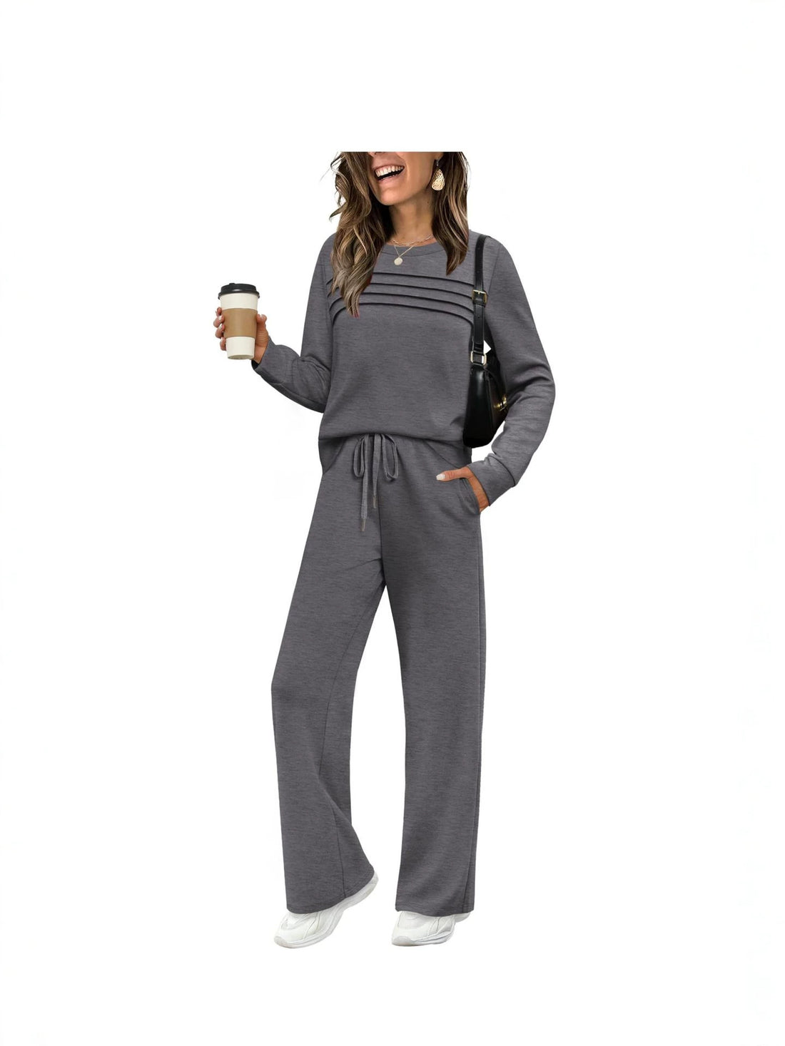 Women's pleated knit sweatshirt and wide-leg trousers set, photo 2
