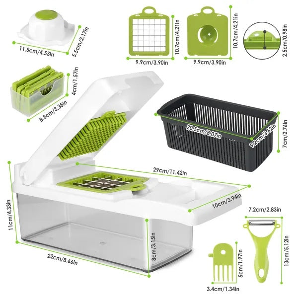 Vegetable chopper catch container holding diced onions and peppers