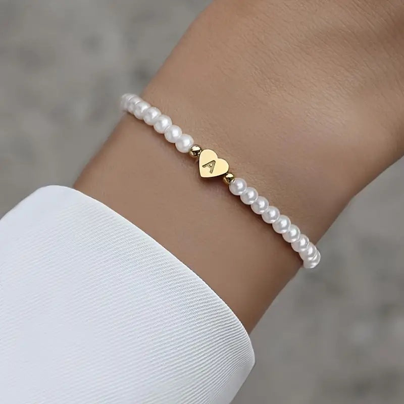Gold Letter Charm Faux Pearl Bracelet for Women Personalized Stacking Jewelry