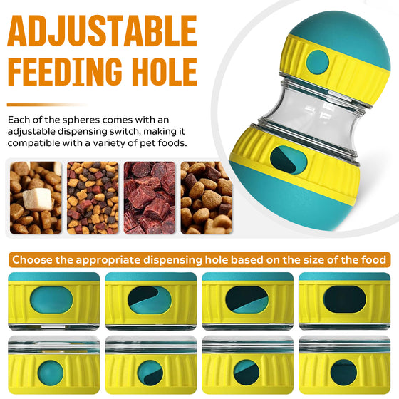 Adjustable feeding hole settings shown with different kibble sizes